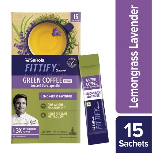 Saffola FITTIFY Gourmet Green Coffee Instant Beverage Mix - Lemongrass Lavender, 15 Sachets Box-1.webp